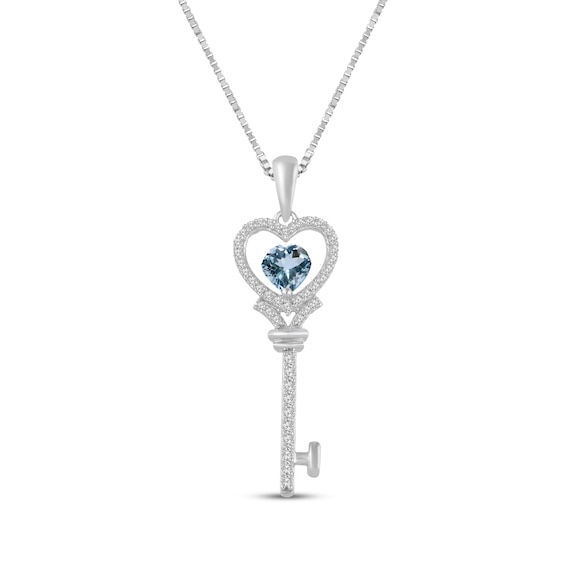 Heart-Shaped Aquamarine & White Lab-Created Sapphire Key Necklace Sterling Silver 18"