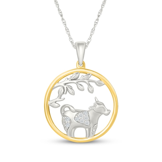 KAY Lab-Grown Diamonds Cow in Circle Necklace 1/20 ct tw Sterling Silver & 10K Yellow Gold Plate 18"
