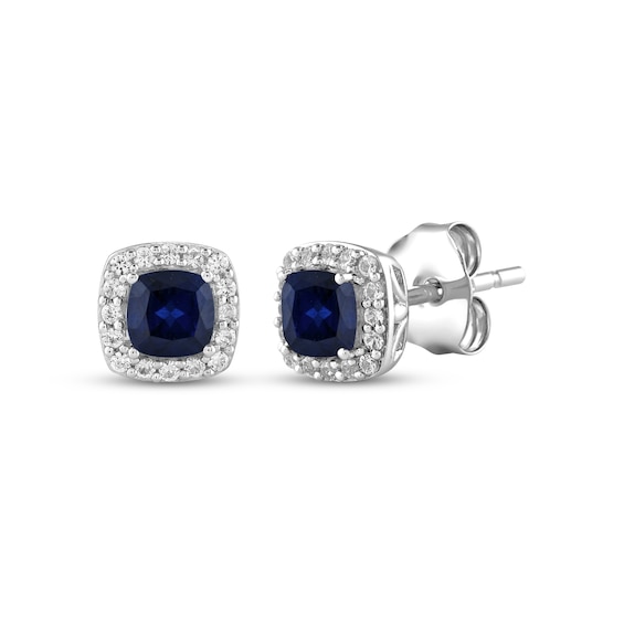 Cushion-Cut Blue & White Lab-Created Sapphire Halo Stud Earrings Sterling Silver