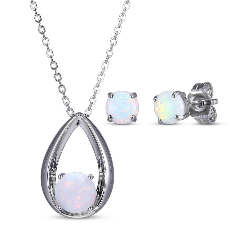 Round-Cut Lab-Created Opal Necklace & Stud Earrings Gift Set Sterling Silver 18"