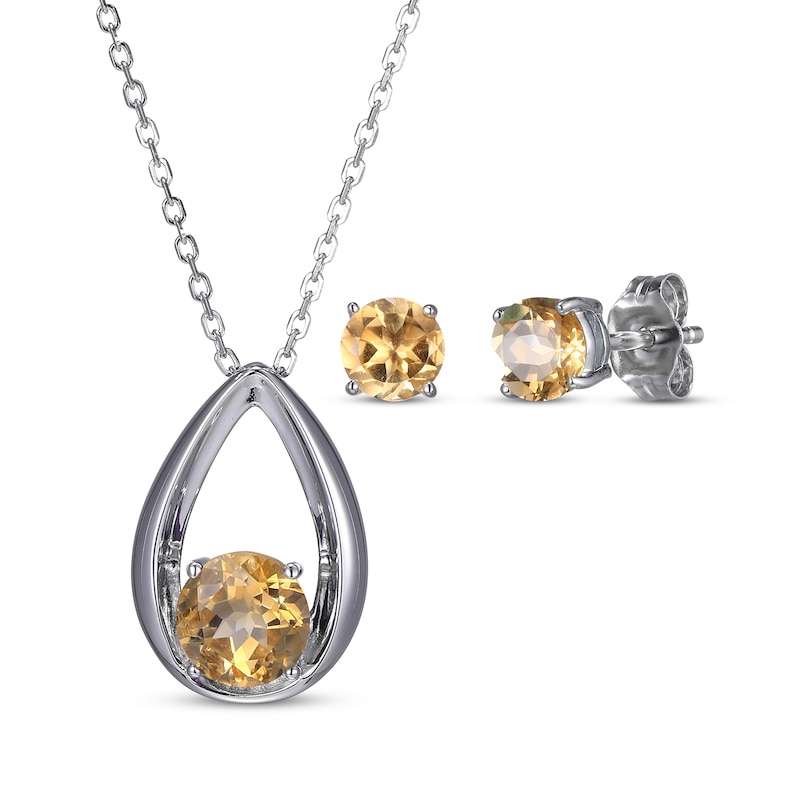 Round-Cut Citrine Necklace & Stud Earrings Gift Set Sterling Silver 18"