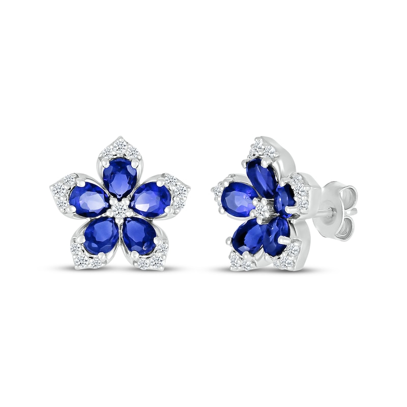 Main Image 1 of Pear-Shaped Blue Lab-Created Sapphire & Round-Cut White Lab-Created Sapphire Flower Stud Earrings Sterling Silver