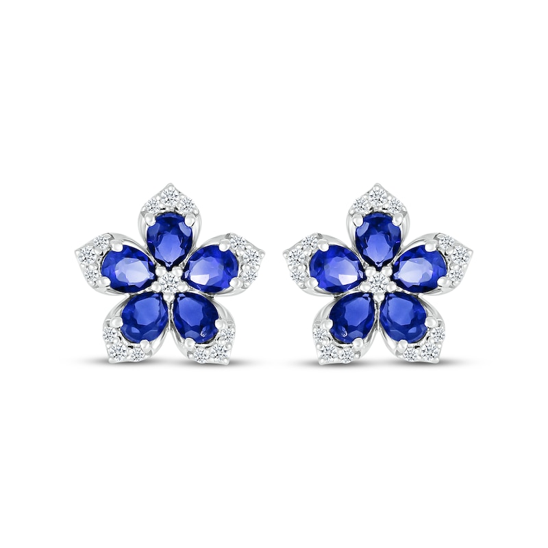 Main Image 2 of Pear-Shaped Blue Lab-Created Sapphire & Round-Cut White Lab-Created Sapphire Flower Stud Earrings Sterling Silver