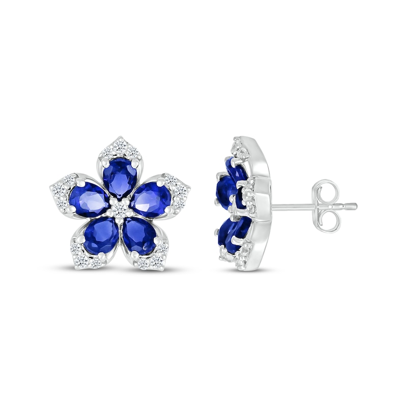 Main Image 3 of Pear-Shaped Blue Lab-Created Sapphire & Round-Cut White Lab-Created Sapphire Flower Stud Earrings Sterling Silver