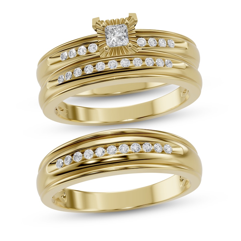 Main Image 1 of Adore Princess-Cut Diamond His & Hers Three-Piece Bridal Set 1/3 ct tw 10K Yellow Gold