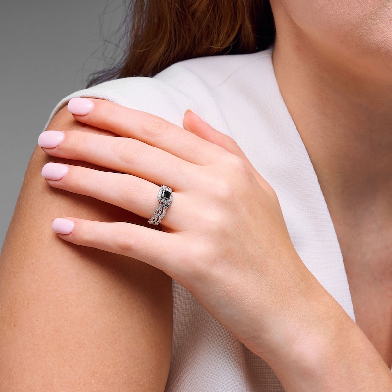 Main Image 5 of Neil Lane Princess-Cut Black Diamond & White Diamond Halo Bridal Set 1-3/8 ct tw 14K White Gold