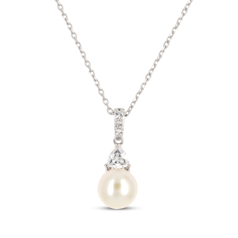 Main Image 1 of Cultured Pearl & Trillion-Cut White Lab-Created Sapphire Necklace Sterling Silver 18"