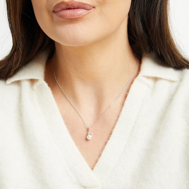 Main Image 3 of Cultured Pearl & Trillion-Cut White Lab-Created Sapphire Necklace Sterling Silver 18"