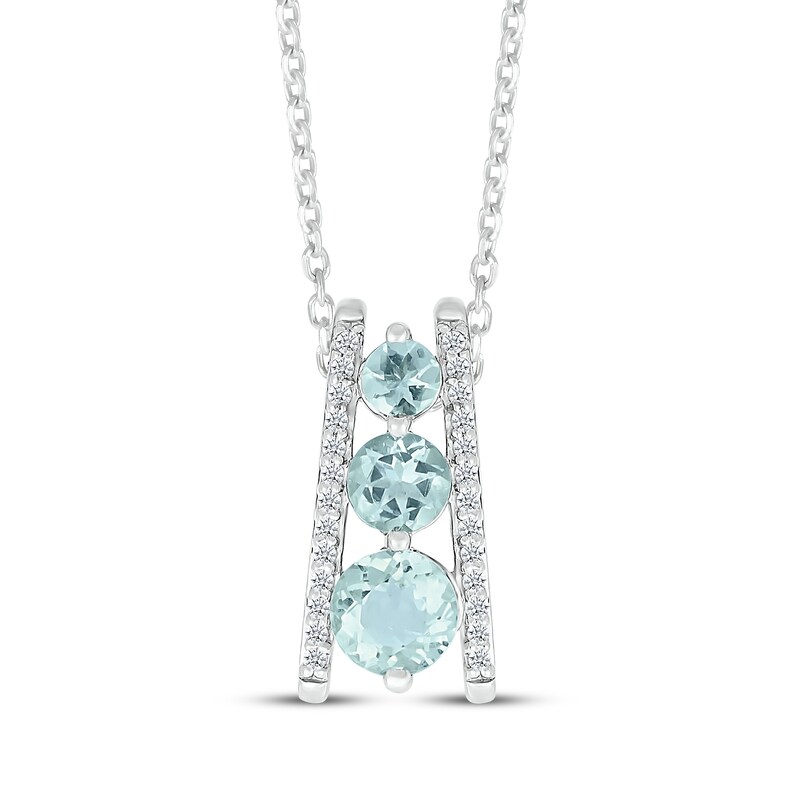 Main Image 1 of Aquamarine & Diamond Three-Stone Ladder Necklace 1/10 ct tw 10K White Gold 18"