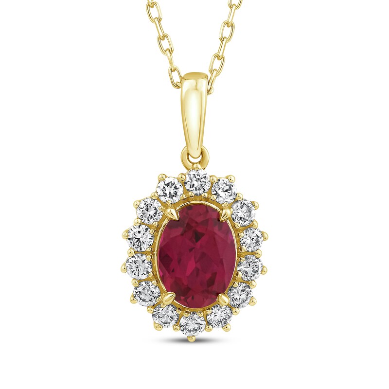 Main Image 1 of KAY Lab-Grown Diamonds Oval-Cut Lab-Created Ruby Starburst Frame Necklace 1/2 ct tw 14K Yellow Gold 18"