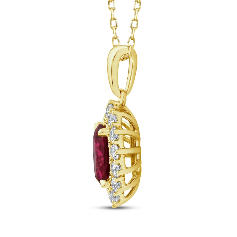 Main Image 2 of KAY Lab-Grown Diamonds Oval-Cut Lab-Created Ruby Starburst Frame Necklace 1/2 ct tw 14K Yellow Gold 18"