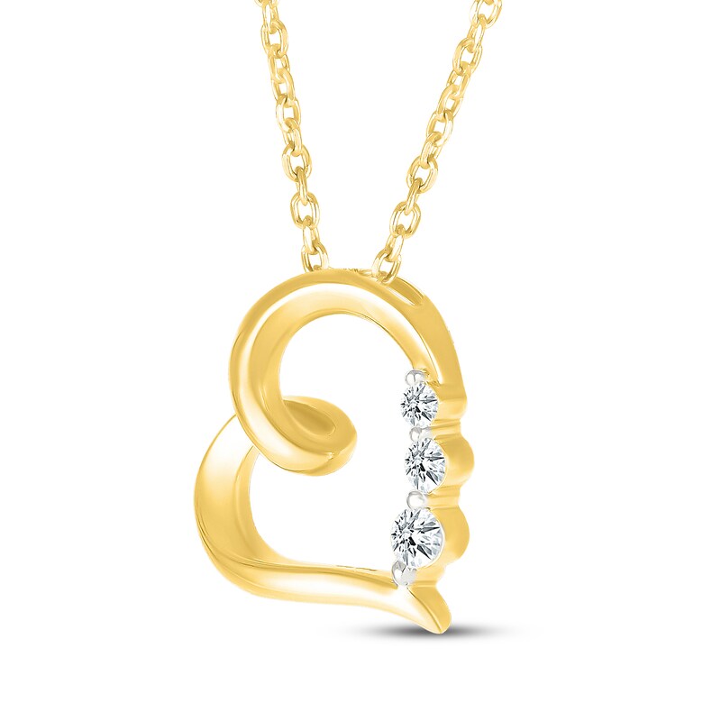 Main Image 2 of Diamond Three-Stone Tilted Heart Necklace 1/6 ct tw 10K Yellow Gold 18"
