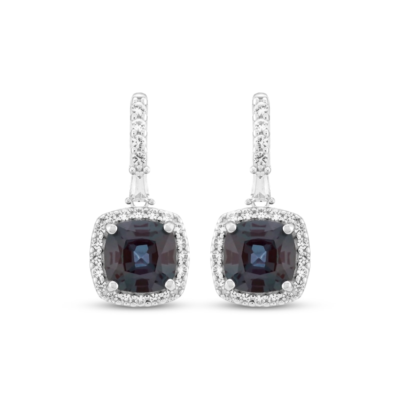 Main Image 2 of Cushion-Cut Lab-Created Alexandrite & White Lab-Created Sapphire Halo Drop Earrings Sterling Silver