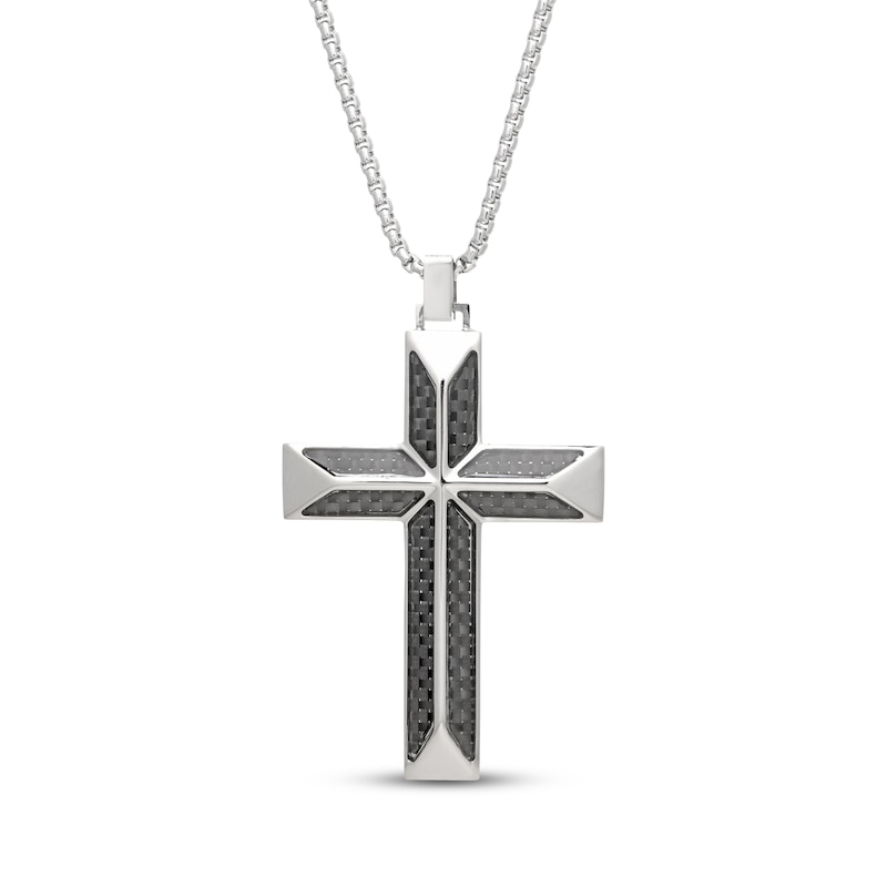 Main Image 1 of Men's Black Carbon Fiber Cross Necklace Stainless Steel 24"