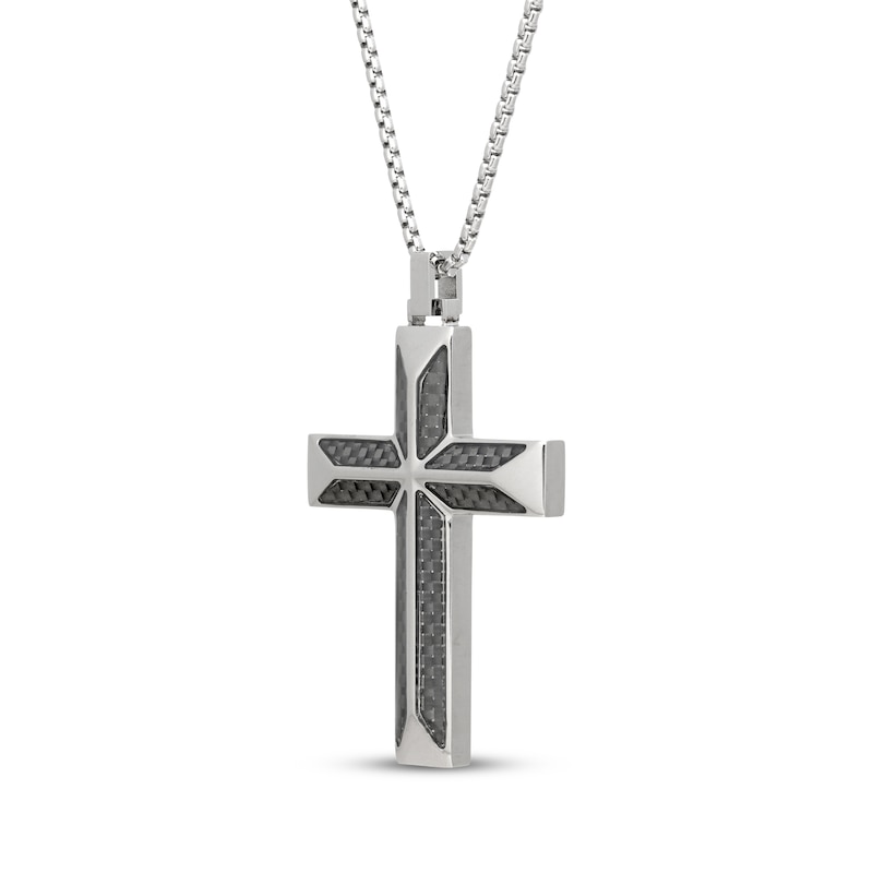 Main Image 2 of Men's Black Carbon Fiber Cross Necklace Stainless Steel 24"