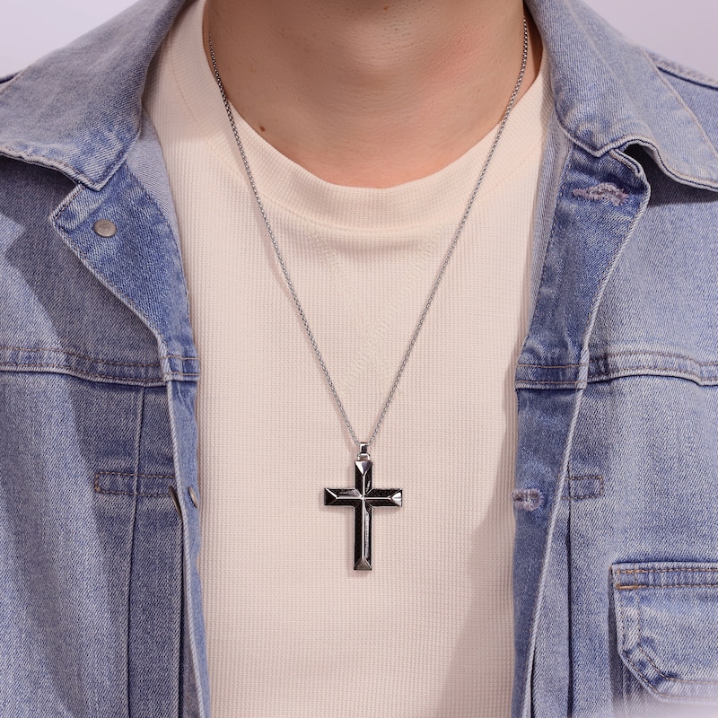 Main Image 3 of Men's Black Carbon Fiber Cross Necklace Stainless Steel 24"