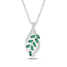 Marquise-Cut Lab-Created Emerald & White Lab-Created Sapphire Leaf Necklace Sterling Silver 18"