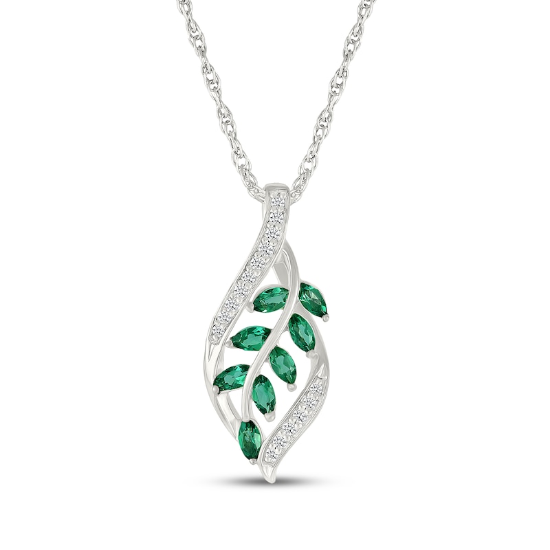 Main Image 1 of Marquise-Cut Lab-Created Emerald & White Lab-Created Sapphire Leaf Necklace Sterling Silver 18"