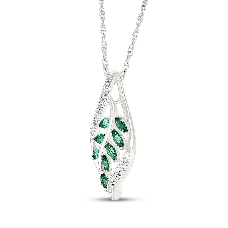 Main Image 2 of Marquise-Cut Lab-Created Emerald & White Lab-Created Sapphire Leaf Necklace Sterling Silver 18"