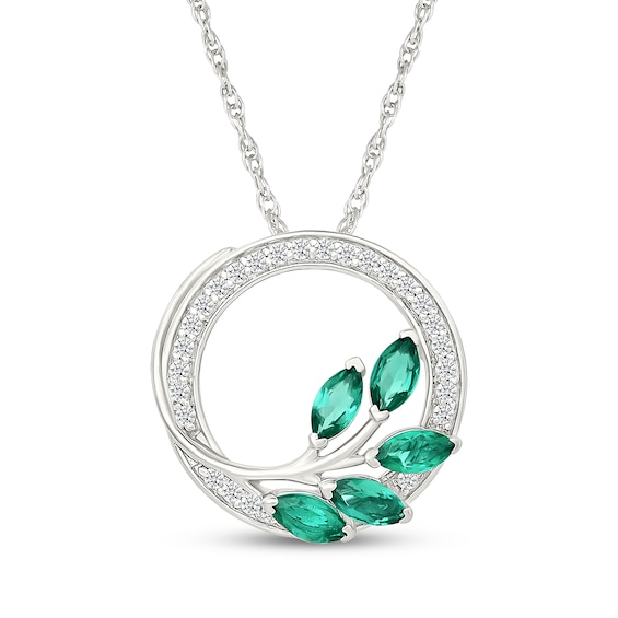Marquise-Cut Lab-Created Emerald & White Lab-Created Sapphire Leaf Circle Frame Necklace Sterling Silver 18"