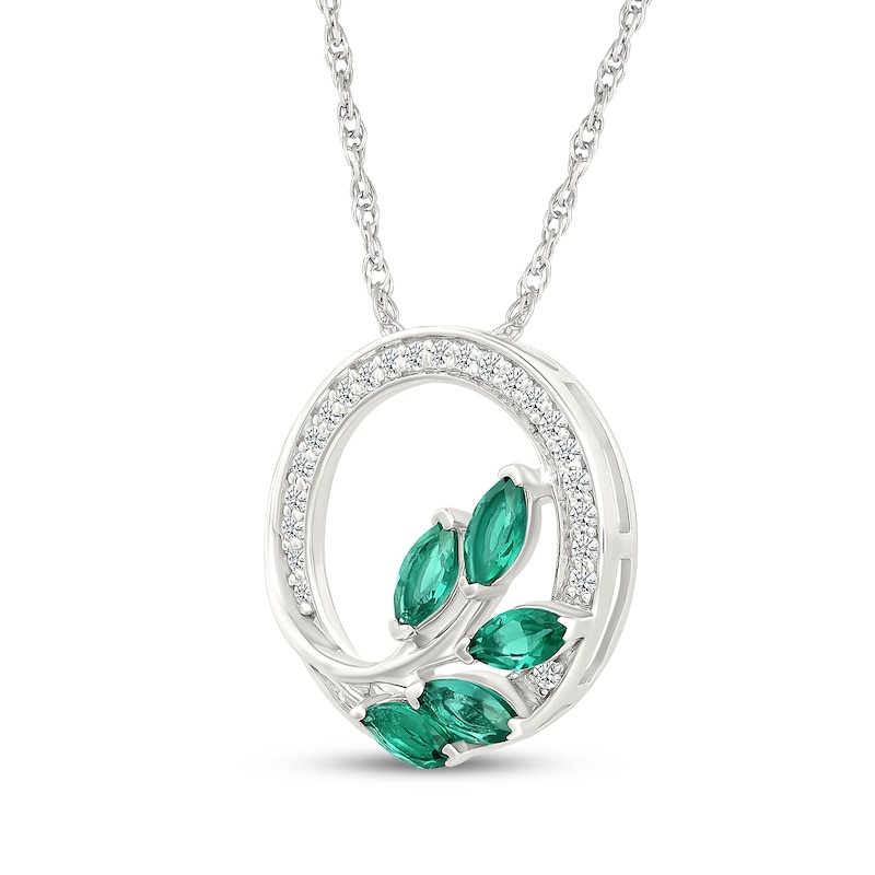 Main Image 2 of Marquise-Cut Lab-Created Emerald & White Lab-Created Sapphire Leaf Circle Frame Necklace Sterling Silver 18"