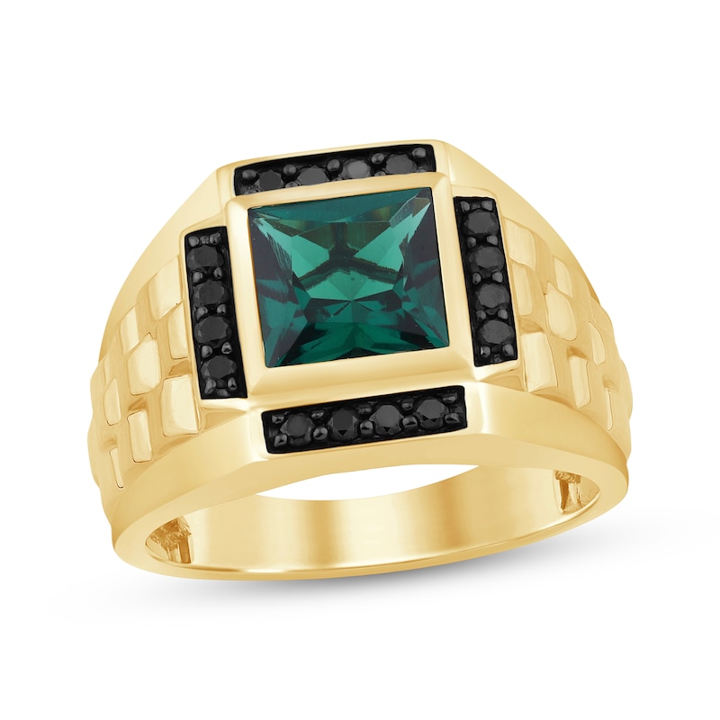 Main Image 1 of Men's Square-Cut Lab-Created Emerald & Black Diamond Ring 1/3 ct tw 10K Yellow Gold