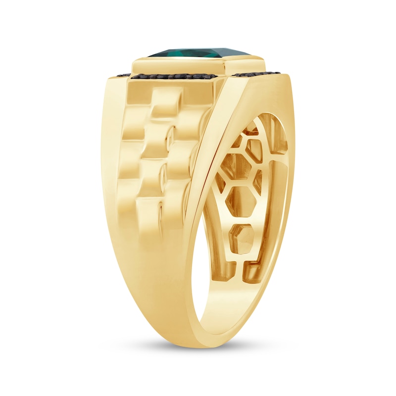 Main Image 2 of Men's Square-Cut Lab-Created Emerald & Black Diamond Ring 1/3 ct tw 10K Yellow Gold