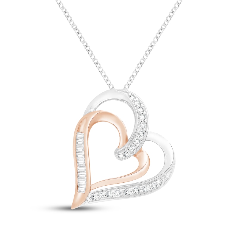 Main Image 1 of Diamond Double Tilted Heart Necklace 1/4 ct tw Sterling Silver & 10K Rose Gold 19"