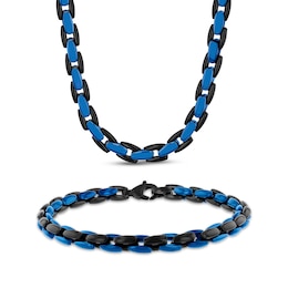 6mm Rounded H-Link Chain Necklace & Bracelet Set Black & Blue Ion-Plated Stainless Steel