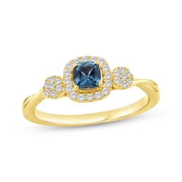 American Blue Sapphire & Diamond Halo Ring 1/8 ctw tw 10K Yellow Gold