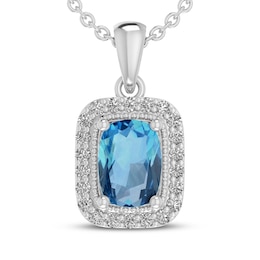 Cushion-Cut Swiss Blue Topaz & White Lab-Created Sapphire Halo Necklace Sterling Silver 18"