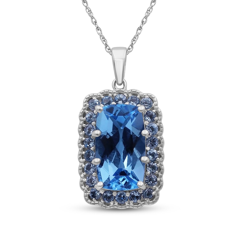 Main Image 1 of Cushion-Cut Swiss Blue Topaz Scalloped Halo Necklace Sterling Silver 18"