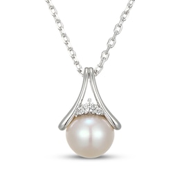 Cultured Pearl & White Lab-Created Sapphire Necklace Sterling Silver 18"