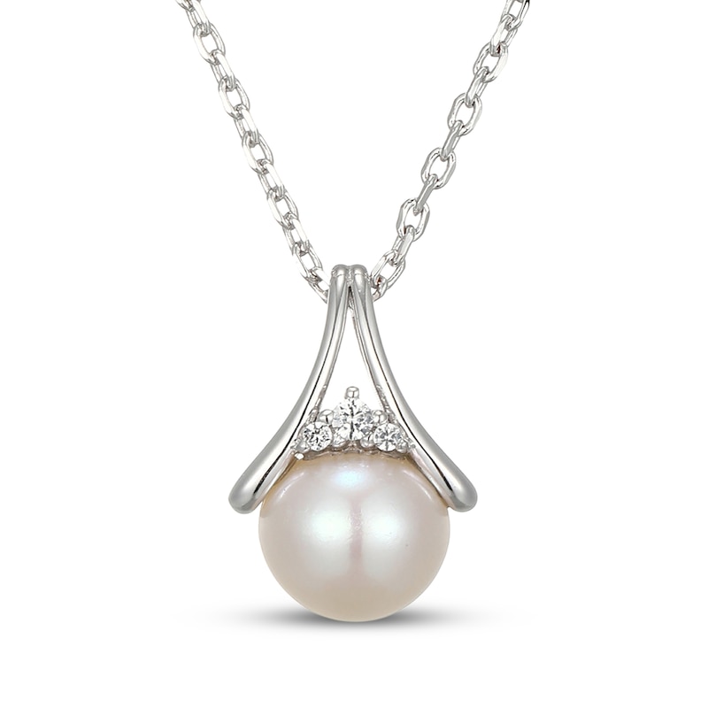 Main Image 1 of Cultured Pearl & White Lab-Created Sapphire Necklace Sterling Silver 18"