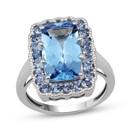 Cushion-Cut Swiss Blue Topaz Scalloped Halo Ring Sterling Silver