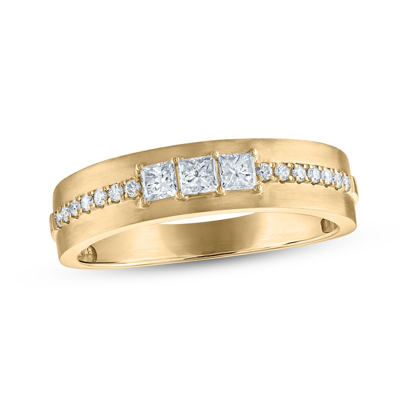 Main Image 1 of Men's Square-Cut Diamond Three-Stone Wedding Band 1/2 ct tw 10K Yellow Gold