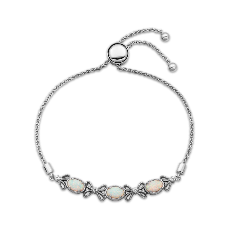 Main Image 2 of Oval-Cut Lab-Created Opal & White Lab-Created Sapphire Bow Bolo Bracelet Sterling Silver 9"