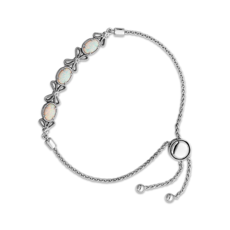 Main Image 3 of Oval-Cut Lab-Created Opal & White Lab-Created Sapphire Bow Bolo Bracelet Sterling Silver 9"