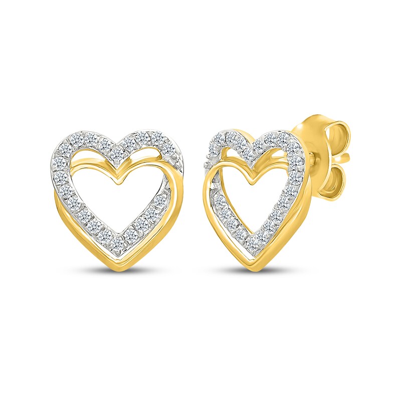 Main Image 1 of Diamond Overlapping Heart Frame Stud Earrings 1/4 ct tw 10K Yellow Gold
