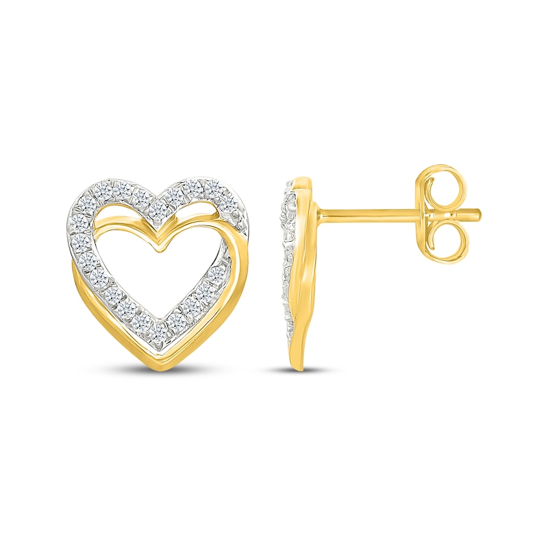 Main Image 3 of Diamond Overlapping Heart Frame Stud Earrings 1/4 ct tw 10K Yellow Gold