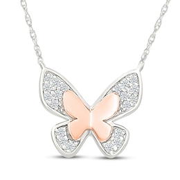 Diamond Butterfly Necklace 1/8 ct tw Sterling Silver & 10K Rose Gold 18"