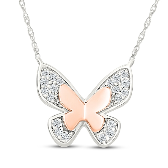 Diamond Butterfly Necklace 1/8 ct tw Sterling Silver & 10K Rose Gold 18"