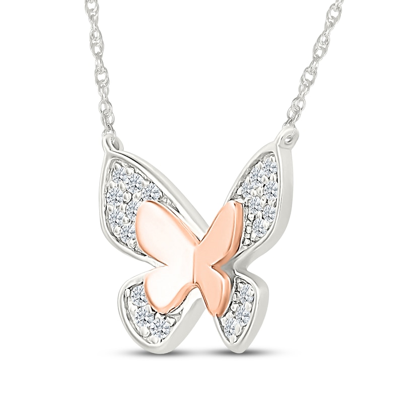 Main Image 2 of Diamond Butterfly Necklace 1/8 ct tw Sterling Silver & 10K Rose Gold 18"