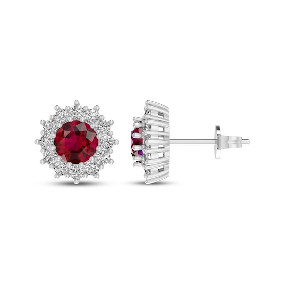 Lab-Created Ruby & White Lab-Created Sapphire Starburst Halo Stud Earrings Sterling Silver