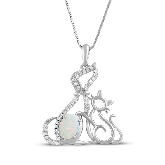 Oval-Cut Lab-Created Opal & White Lab-Created Sapphire Cat & Dog Necklace Sterling Silver 18"