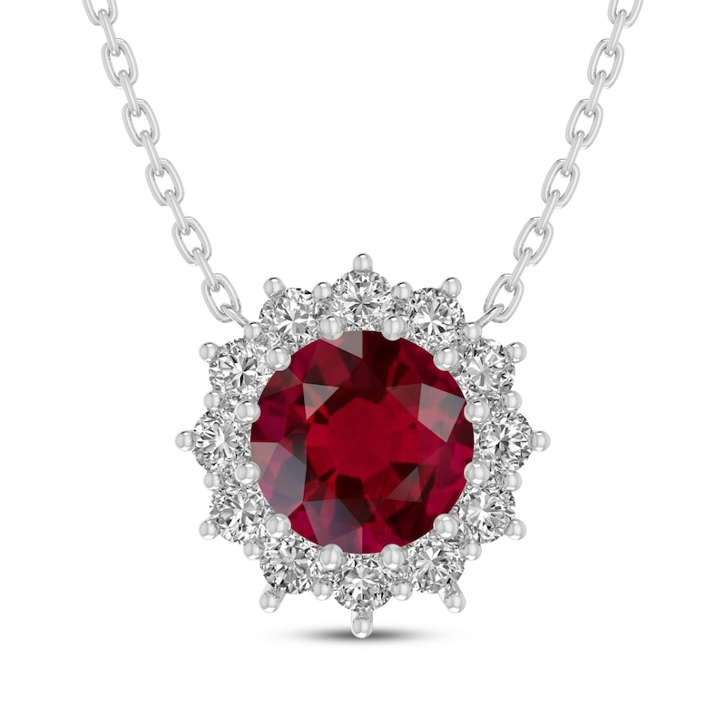 Main Image 1 of Lab-Created Ruby & White Lab-Created Sapphire Starburst Halo Necklace Sterling Silver 18"