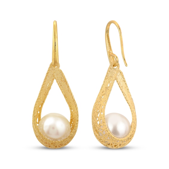Cultured Pearl Teardrop Basket Earrings 14K Yellow Gold