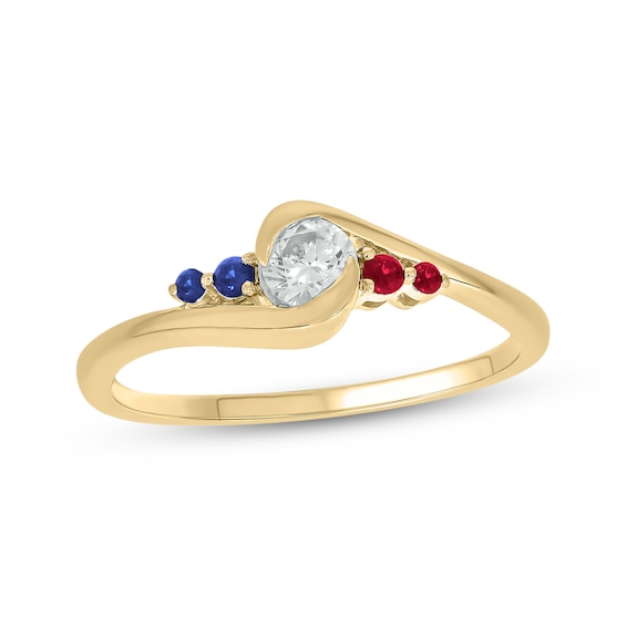 Patriotic Diamond, Lab-Created Ruby & Blue Lab-Created Sapphire Bypass Ring 1/6 ct tw 24K Yellow Gold Vermeil Sterling Silver