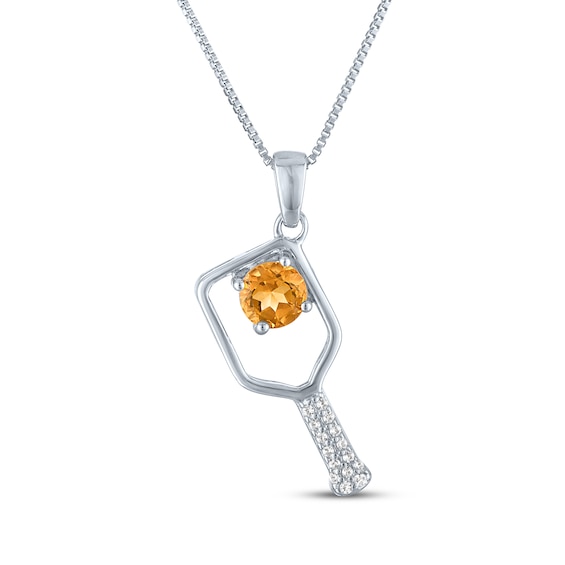 Natural Citrine & White Lab-Created Sapphire Pickleball Paddle Necklace Sterling Silver 18"