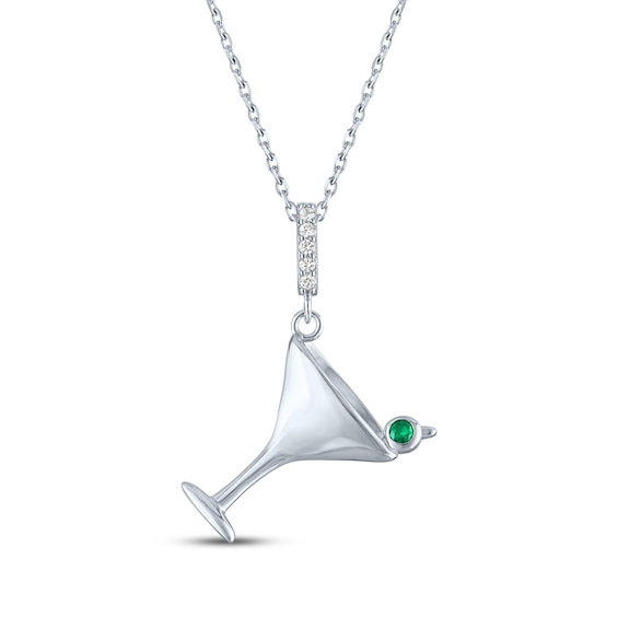 Lab-Created Emerald & White Lab-Created Sapphire Martini Necklace Sterling Silver 18"